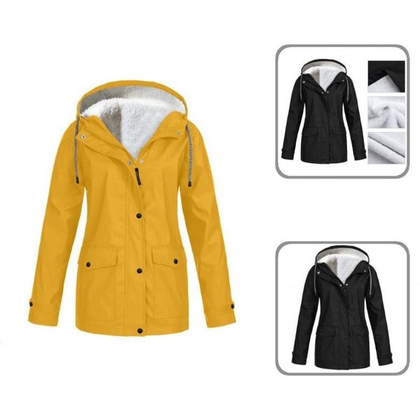 

women's jackets women casual plush lining drawstring pockets jacket coat waterproof lightweight raincoat buttons for hiking, Black;brown