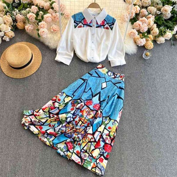 

spring arrivals print lapel collar long sleeve single breasted shirt high waist slim skirt two piece set mz640 210525, White