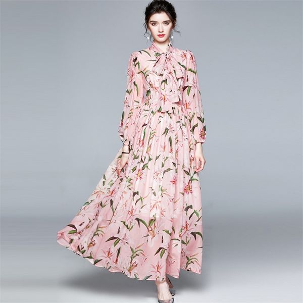 

holiday style elegant big swing long maxi chiffon dresses women spring fall bow tie lantern sleeve lily printting dress 210602, Black;gray