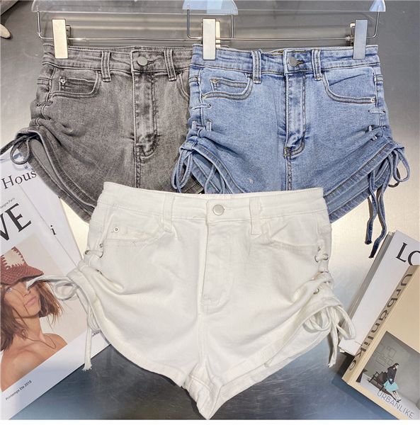 Neue Damen-Denim-Jeans mit hoher Taille, seitlicher Schnürung und Kordelzug, sexy Shorts, 3 Farben, Übergröße SML