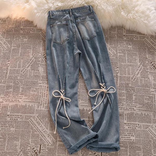 

women's jeans vintage bandage lace up design long denim pants women high waist chic streetwear straight female harajuku, Blue