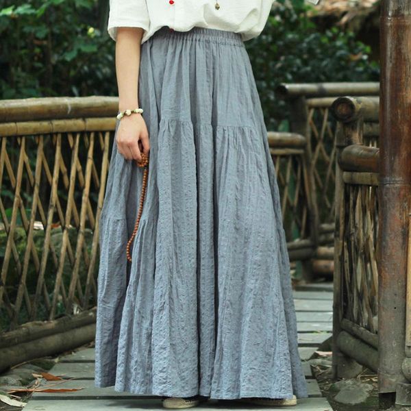 

skirts casual thin water washed large hem pleated long women cotton linen skirt, summer cool loose plus size elastic waist lady, Black