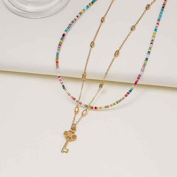 

pendant necklaces origin summer bohemia double layer multicolor beaded necklace for women gold color metallic key jewellery, Silver