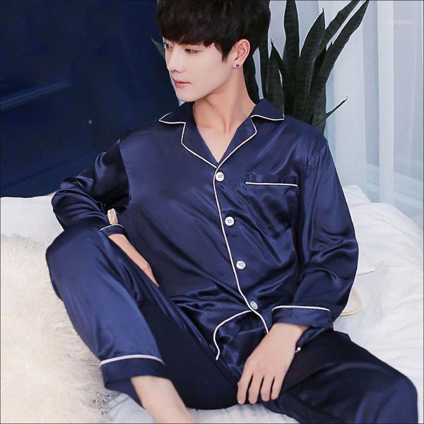 

men's sleepwear pajamas pants spring autumn long-sleeved solid thin ice silk loose plus size pyjamas male casual homewear suits, Black;brown