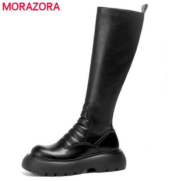 

boots morazora 2022 fashion genuine leather women zipper platform knee high thick bottom autumn ladies shoes, Black