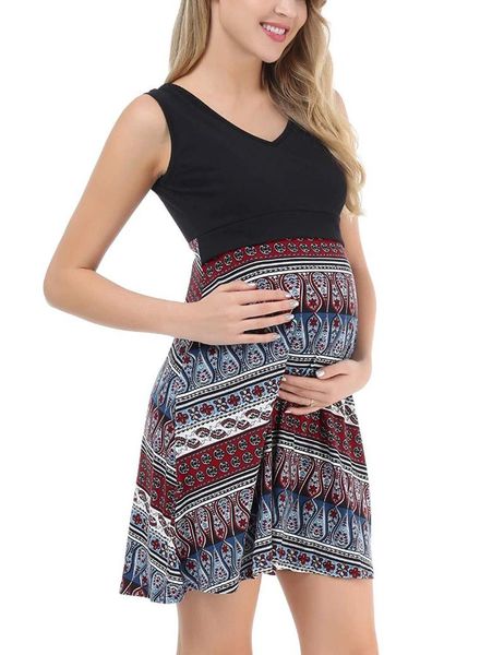 

pregnancy dresses pregnant nursing summer dress v-neck short sleeves print patchwork breastfeeding maternity casual clothes, White