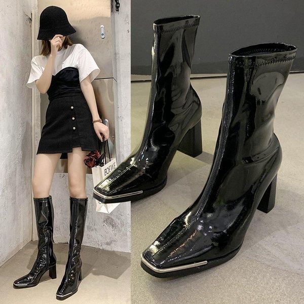 

boots 2021 shoes women black knee-high female autumn winter metal head zipper lady high botas mujer