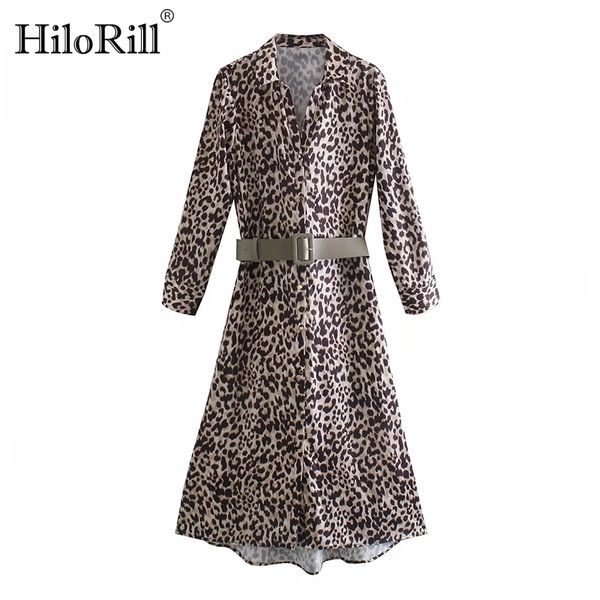

fashion leopard print shirt dress women a line long sleeve sashes turn down collar office ladies es vestidos 210508, Black;gray