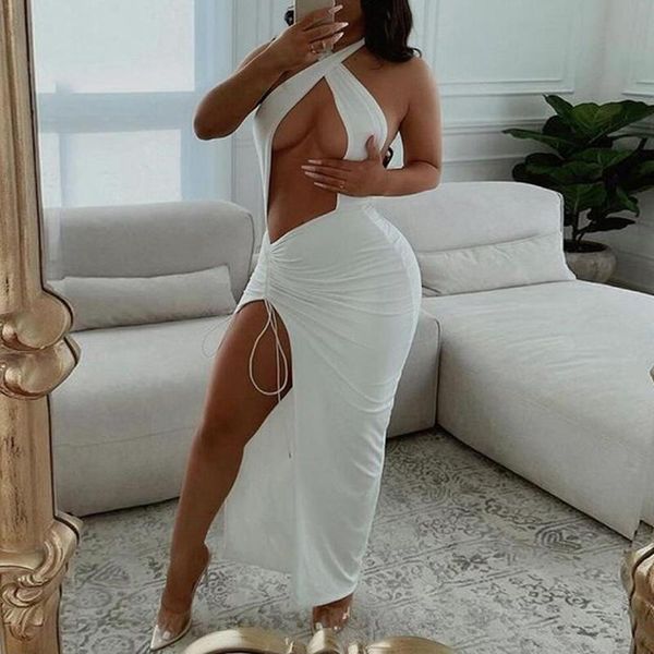 

casual dresses women cross halter backless bandage maxi dress irregular hollow out waist strappy ruched split gown summer beach, Black;gray
