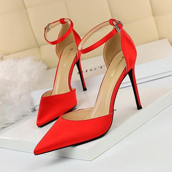

european and american simple high-heel satin shallow mouth pointed hollow nightclub word sandals, Black