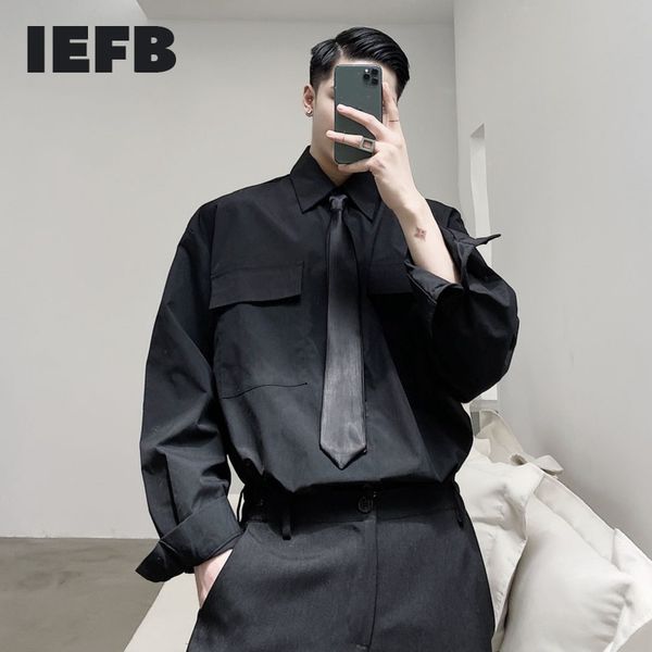 IEFB Abbigliamento da uomo Personalità Camicia vintage per uomo Haze Blue Cool Nero Moda Cravatta Design Large Size Allentato Top coreano 9Y3327 210524