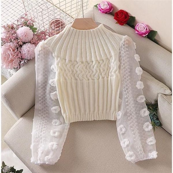 

women's sweaters lantern sleeve patchwork short knisweater ladies pullovers 2021 women winter three-dimensional flowers sweater 241c, White;black