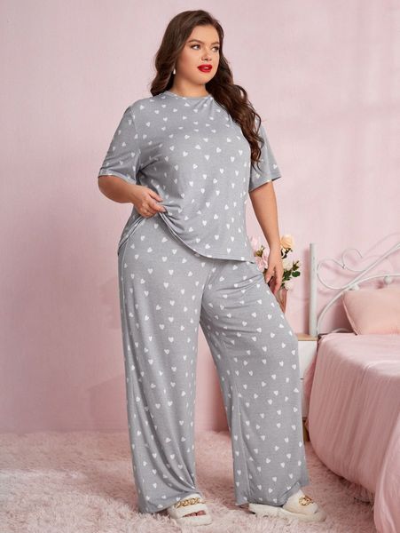 

plus allover heart print pj set h5cl#, Black;white