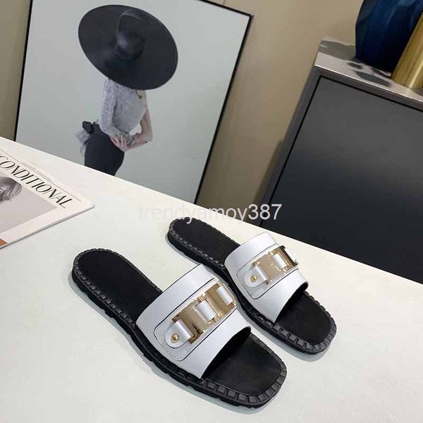 

slippers metal square buckle casual flat bottomed women's slippers fashion solid color mirror heel sandals single, Black