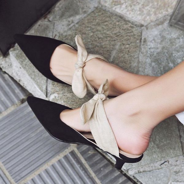 

dress shoes ladies cotton butterfly knot decor close pointed toe slipper woman kitten heel slingbacks street slide sandals, Black