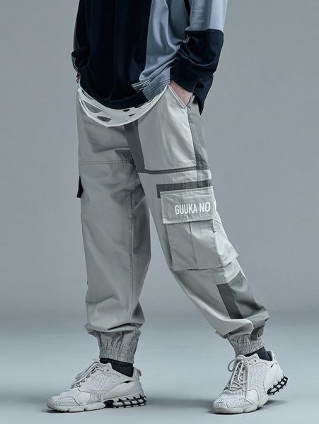 

men letter graphic two tone cargo pants i2cv#, Black
