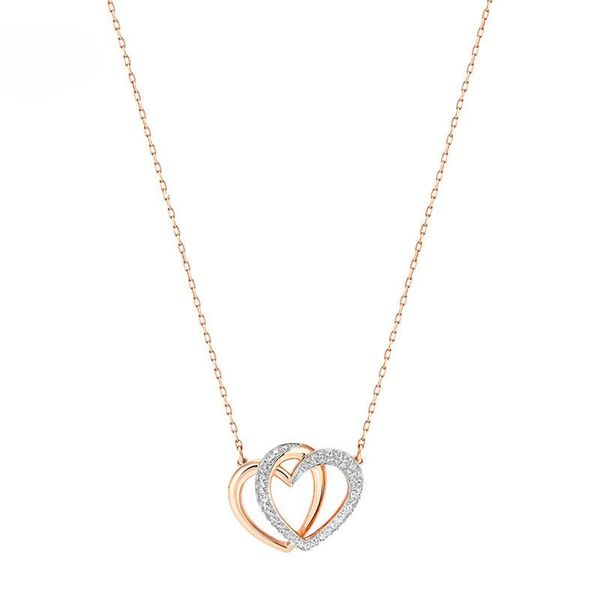 

women swa double heart-shaped necklace female love heart pendant clavicle chain gift crystal chains, Silver