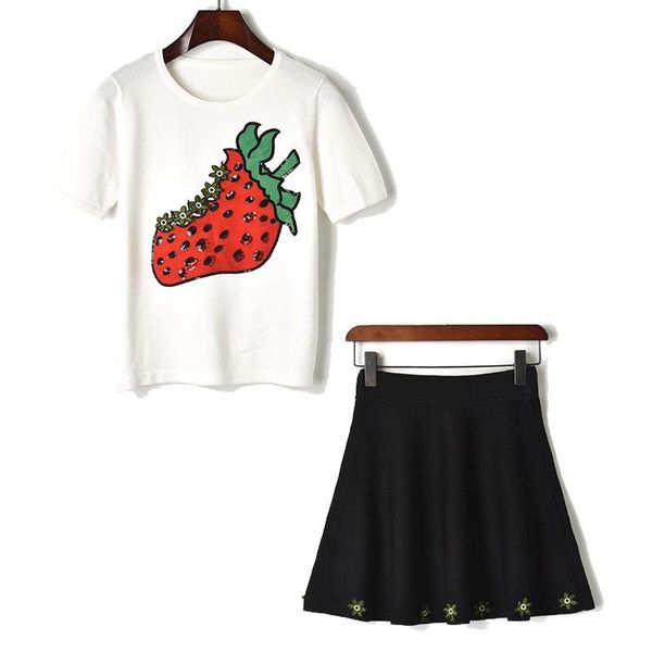

knit 2 pieces sets women 2021 strawberry pattern beading o-neck short sleeve tshirt + high waist a-line mini skirt suit set women's two, White