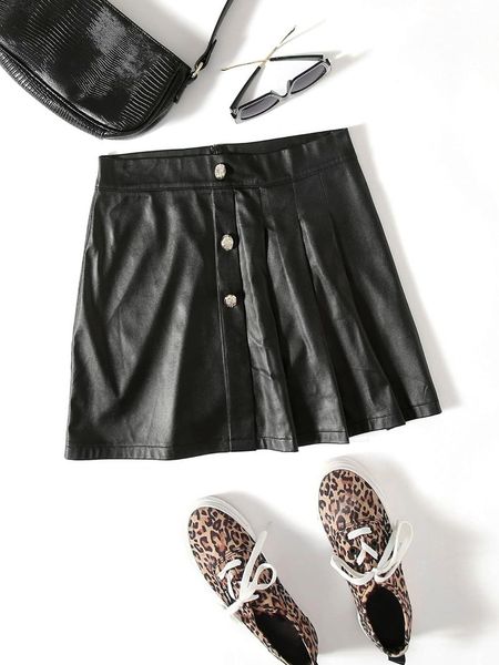 

skirts 2021 leather high waisted button with women's short casual mini, Black