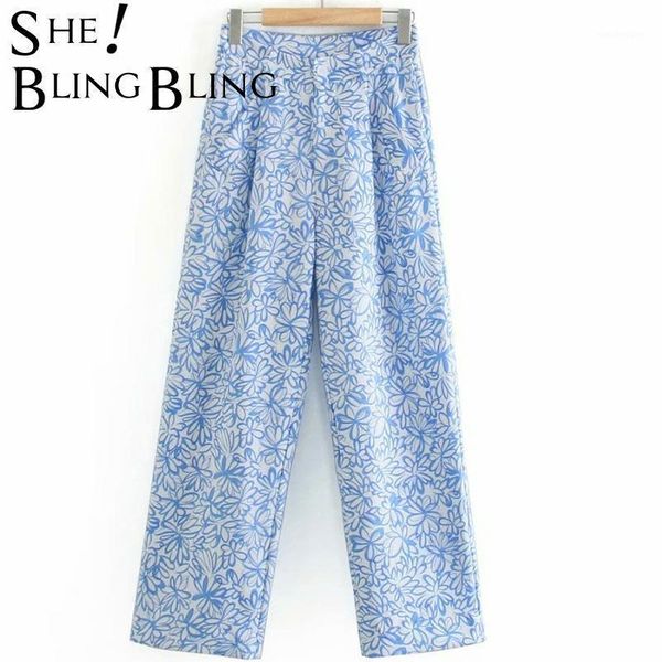 

women's pants & capris sheblingbling 2021 za summer autumn chic blue printed mid-waist folds detail women casual loose straight pant fe, Black;white