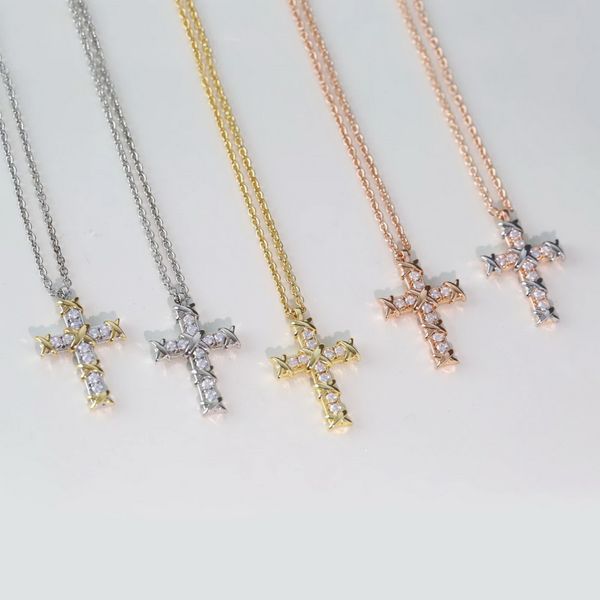 

europe america fashion style lady women brass 18k plated gold necklaces with engraved letter ten stone cross pendant 5 color, Silver