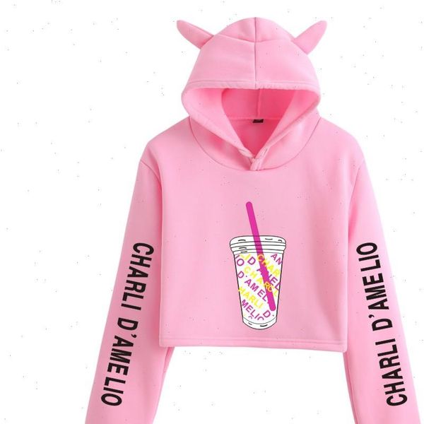 

fashion charli damelio merch girl womens hoodie funny crop hooded short sweatshirt casual trendy tracksuit pullover, Black