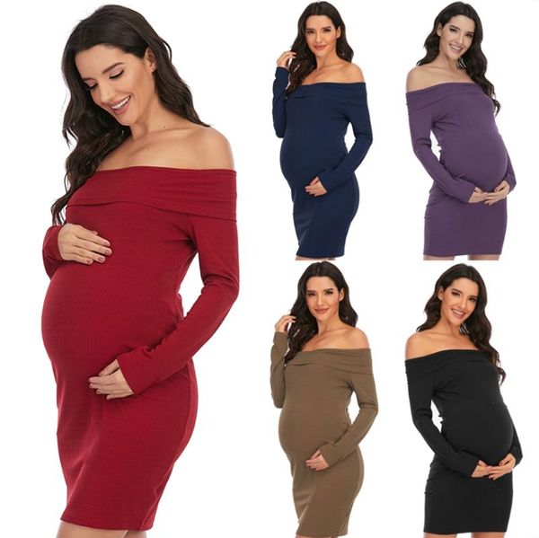 

maternity dresses dress european and american style solid color one-shoulder long-sleeved spring autumn fashion all-match, White