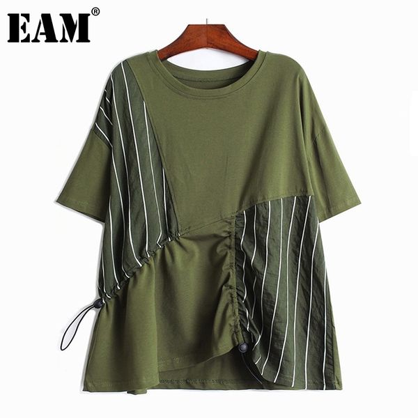 

[eam] women black irregular striped spliced drawstring t-shirt round neck short sleeve fashion spring summer 1dd8276 21512, White