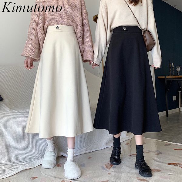 

kimutomo women vintage skirts spring autumn korea style fashion female high waist solid wild skirt outwear elegant 210521, Black