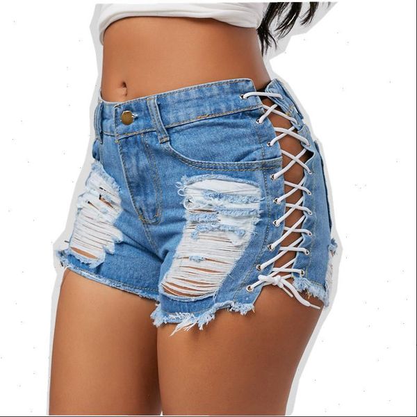 

summer denim womens shorts women feminino ripped high waist mini solid lace hole short bandage jeans, White;black