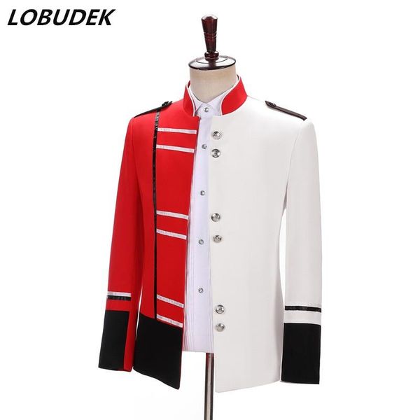 

male singer fashion performance coat red white splice stand collar blazers european court military uniform host stage costume men's sui, White;black