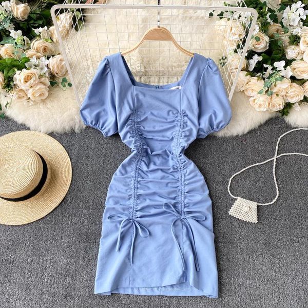 

dresses women drawstring ruched french retro square collar sleeve slim es summer korean streetwear short, Black;gray