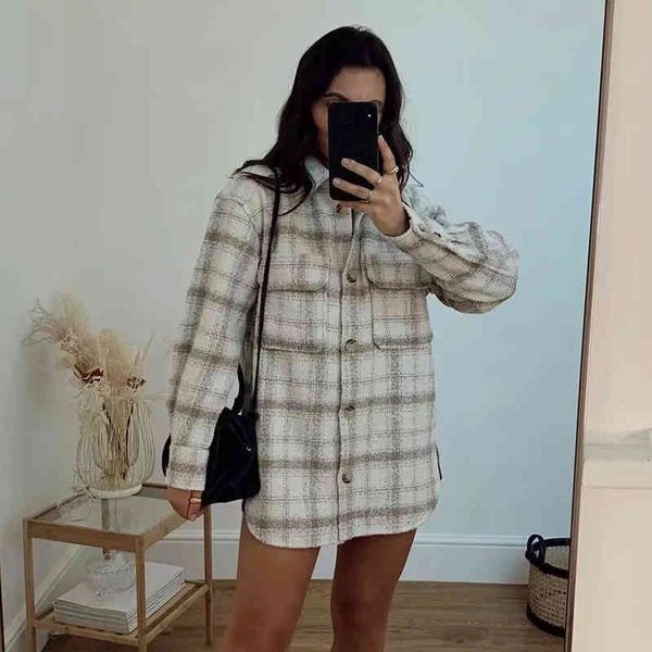 

women's suits & blazers trendy plaid woolen coats outerwear women winter pockets oversize shirt button down jackets igkm, White;black