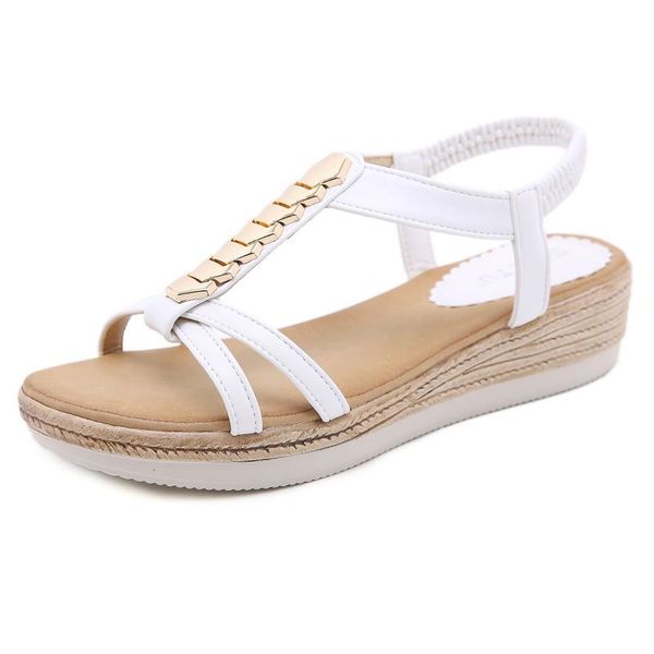 

sandals white women 2021 pu fashion leisure beach flat sandalias platform metal decoration shoes, Black