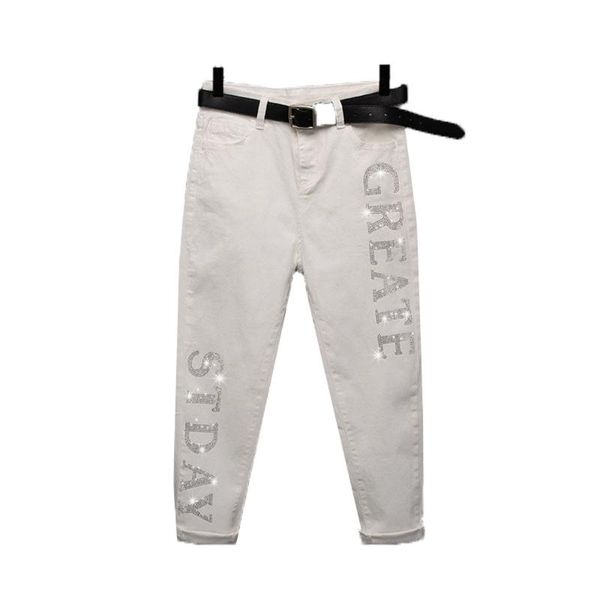 

women's jeans high waist white spring autumn 2021 thin embroidered loose stretch ankle length female hole pants retro, Blue