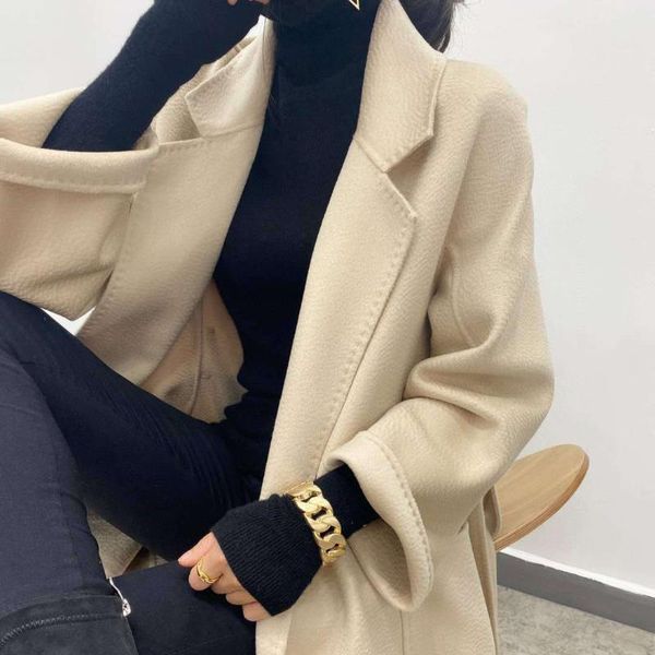 

women's wool & blends double face cashmere coat with water ripple pattern for middle and long style, thin versatile, Black