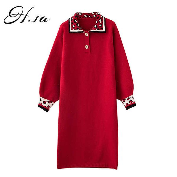

h.sa spring women long sweater dresses turn down collars leopard ankle length sweater and pulovers korean fashion clothing 210716, White;black