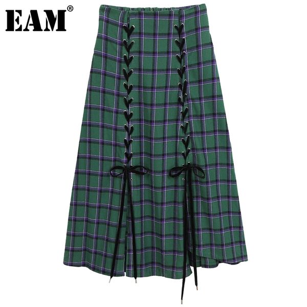

[eam] high walst green plaid bandage vent long casual half-body skirt women fashion spring autumn 1dd6289 210512, Black