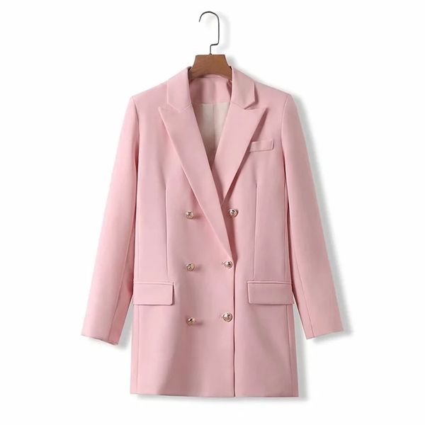 Vintage Frauen lange Jacken Herbst rosa Twill Muster Damen Anzüge Button-Fly weibliche Mäntel lässige Mädchen lose Jacke 210527