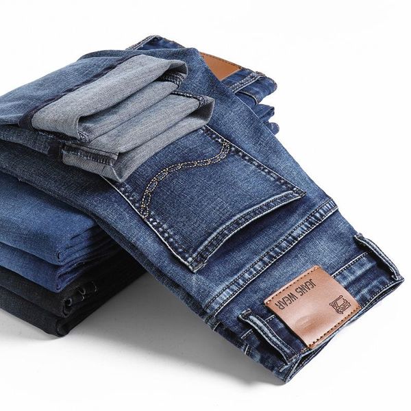 

spring autumn men's fashion smart jeans business casual stretch slim classic trousers denim pants male blue black