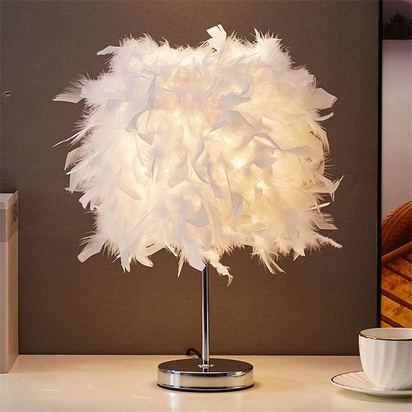 

table lamps feather bedroom bedside lamp modern creative white pink lampshade iron usb home decorative led