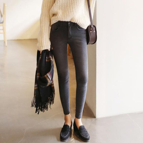 

thin waist jeans nine korean female grey legging feet pencil pants 9 black women women's, Blue