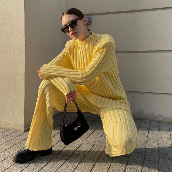 

women's two piece pants knit long sleeve sweater women and 2021 streetwear set casual loose tracksuit chic pant suits outfit, White