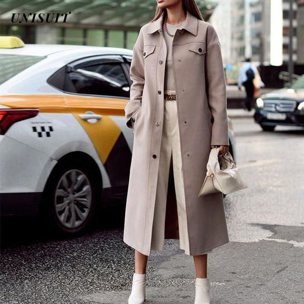 

women's wool & blends fashion long coats women 2021 autumn lapel single breasted long-sleeved ladies outwear vintage solid elegant casu, Black