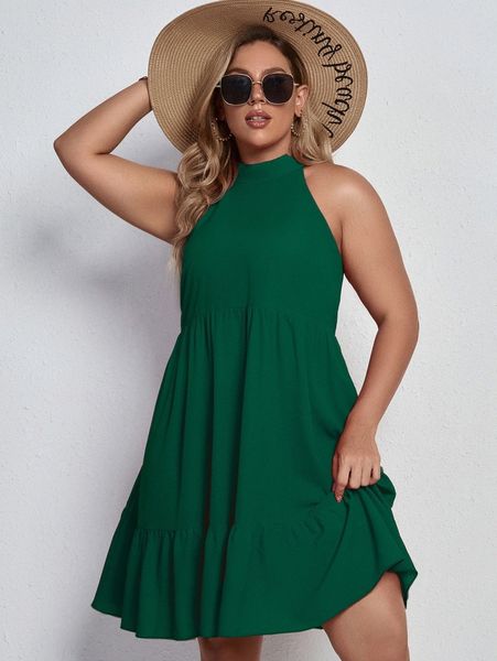 

plus solid tie back smock dress 88rg#, Black