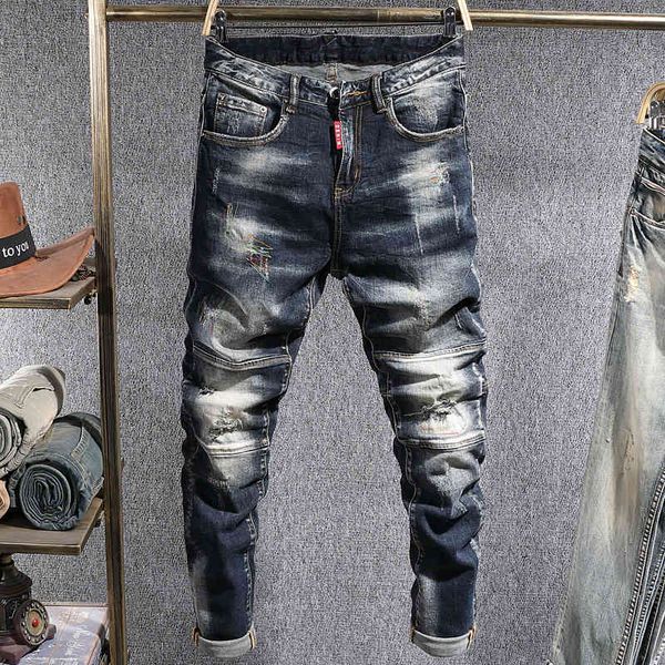 

jeans italian vintage fashion men jeans retro black blue spliced designer slim ripped biker pants hombre streetwear hip hop trousers
