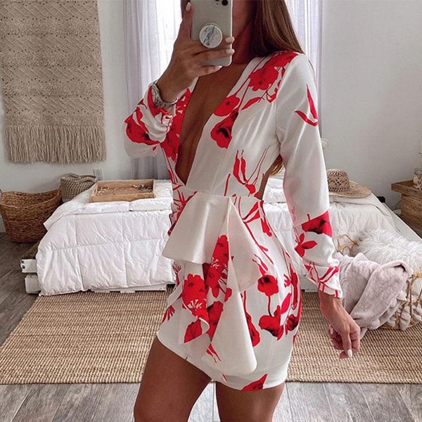 

deep v-neck print floral dress backless long sleeve party club summer ruched short women vestidos 2021 sundress casual dresses, Black;gray