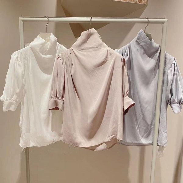 

women's blouses & shirts neploe 2021 autumn women japan style temperament sweet blusas high neck puff short sleeve folds solid, White