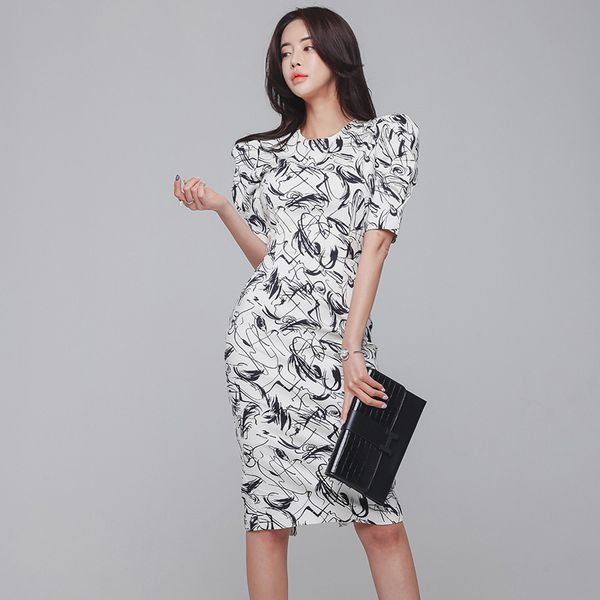 

summer office lady wear women print formal bodycon short slevess dress 210515, Black;gray