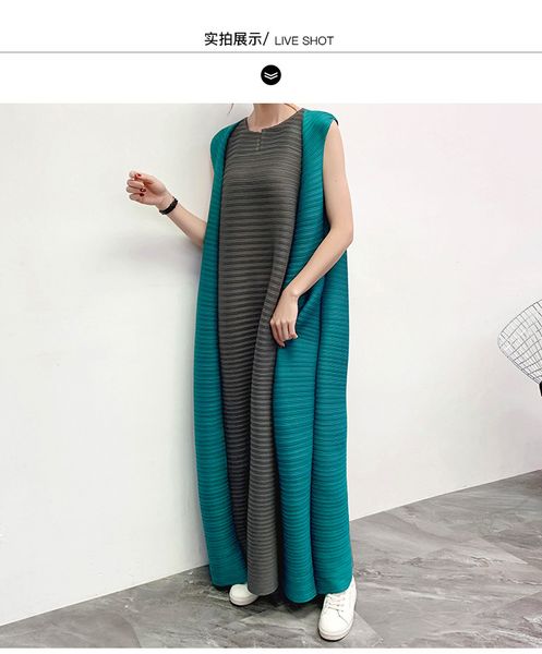 

dress miyake fold geometric patchwork o-neck sleeveless loose long, Black;gray